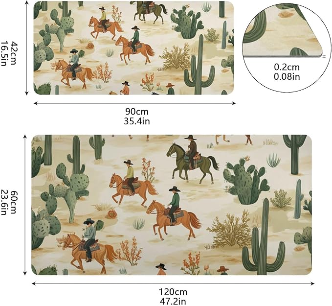 Mouse Pad Desk Mat Leather Desk Pad Large Gaming Desk Cover Protector Mat for Keyboard Computer Laptop Office Waterproof 47.2 x 23.6 Inch Cute Cacti Desert Cowboys Horses