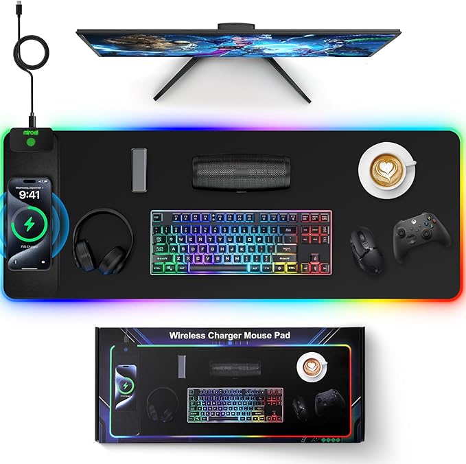 Magnetic Charging Mouse Pad 31.5x11.81 Inch XL Gaming Mousepad 11+5 RGB Lighting Modes Home Office Large Desk Pad with Ultra-Smooth Surface Non-Slip Waterproof Keyboard Pad Classic Black Desk Mat