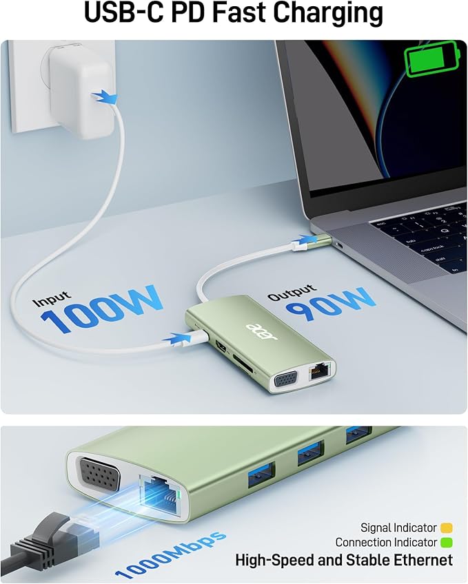 Acer USB C Hub with 4K HDMI 9-in-1 USB C to Ethernet Adapter 5Gbps USBA 3.0 Docking Station VGA Splitter SD Card Reader PD 100W Charging for MacBook Acer Laptops Surface and More (Green)