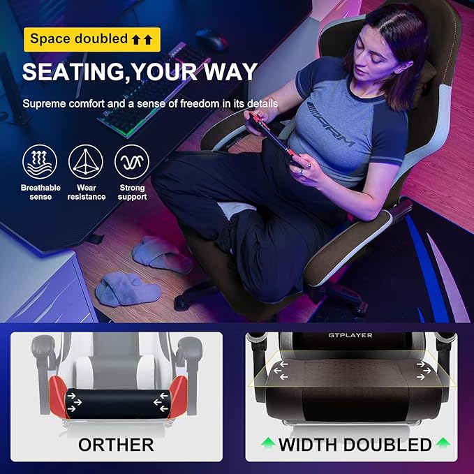 GTPLAYER Gaming Chair with Footrest Fabric Office Chair with Pocket Spring Cushion and Linkage Armrests High Back Ergonomic Computer Chair with Lumbar Support Task Chair Brown
