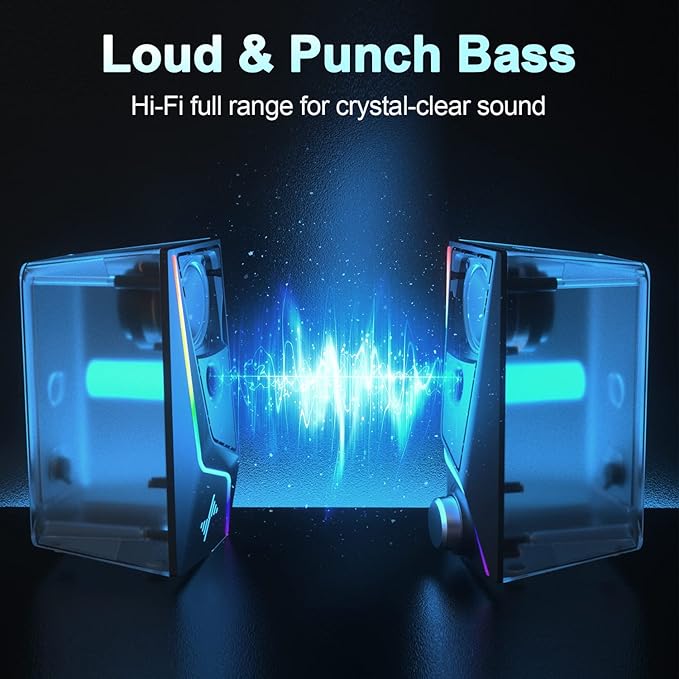 Nylavee Computer Speakers PC Speakers with 6 Lighting Modes USB Powered Computer Speakers for Desktop PC with 2 Bass-Boost Ports 2 Speaker Units and 3.5mm Aux-in for PC Laptop Monitor Gaming