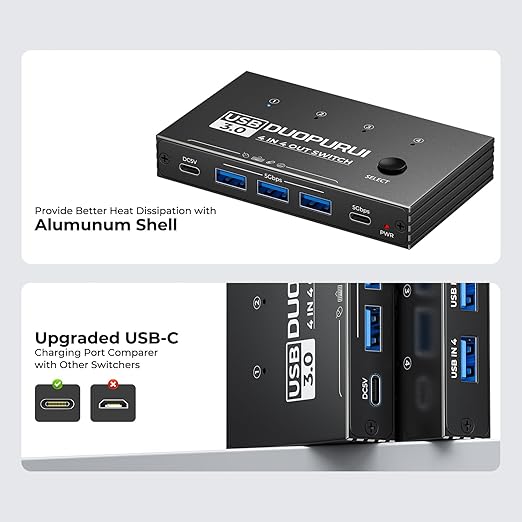 USB 3.0 Switch 4 Computers Sharing USB C &amp A DevicesEasy One-Click Device Switching with USB-C Cable &amp USB-A CableUSB Switch Hub Share Keyboard Mouse Printer Scanner(USB3.0 4in4out)