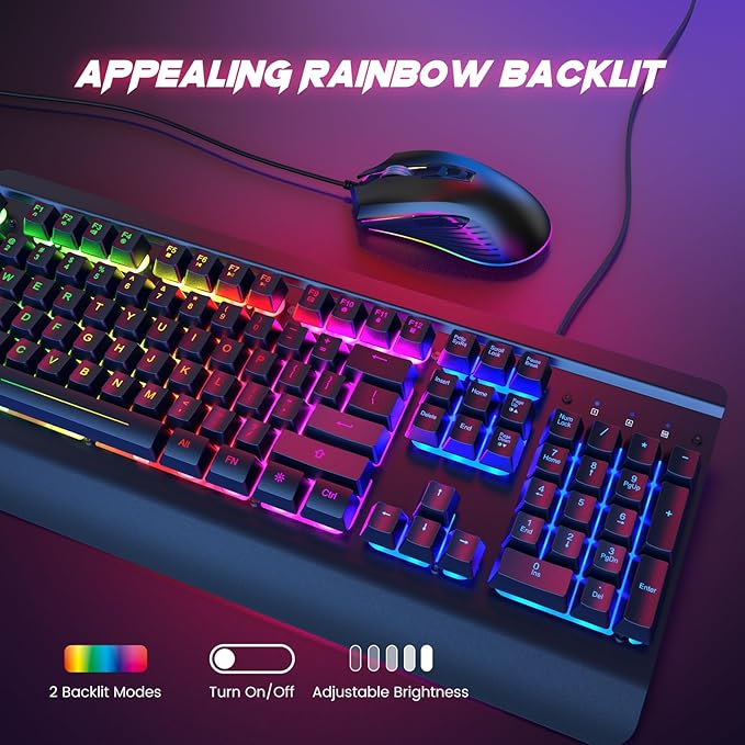 Wired Gaming Keyboard and Mouse Combo 104 Keys All-Metal Panel Rainbow Computer Keyboard with Multimedia Keys Wrist Rest and LED Backlit Gaming Mouse 4200 DPI for Windows PC Gamers (Black)
