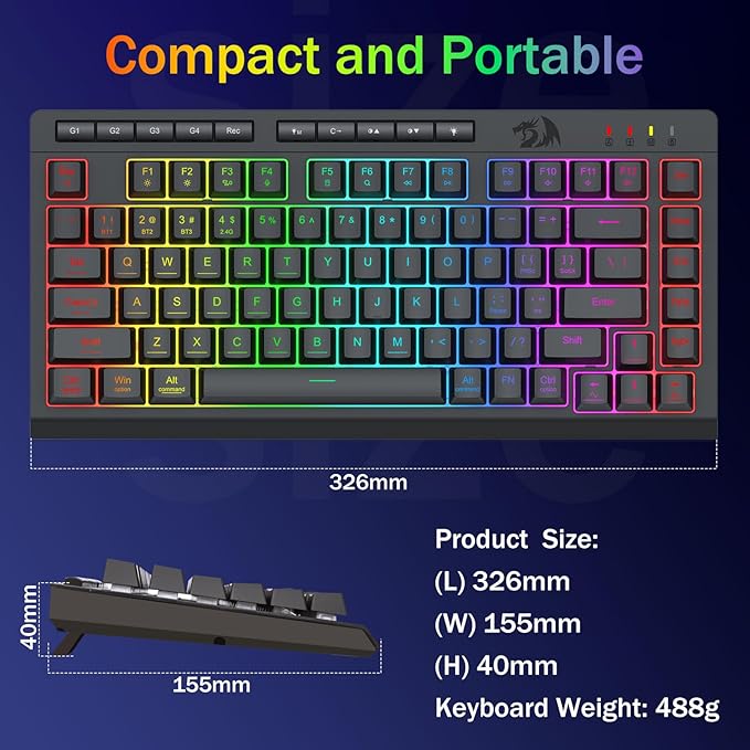 Redragon Portable Wireless Gaming Keyboard Bluetooth/2.4GHz/USB-C Wired RGB Backlit 75% Mini Quiet Macro Membrane Keyboard Rechargeable 4000mAh Battery Anti-Ghosting for Win/MAC