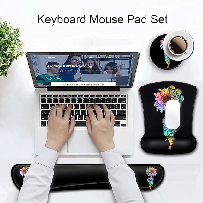 Ergonomic Mouse Pad and Keyboard Wrist Rest Set - Memory Foam Support Non-Slip PU Base Skulls &amp Sunflowers Black Gaming Design