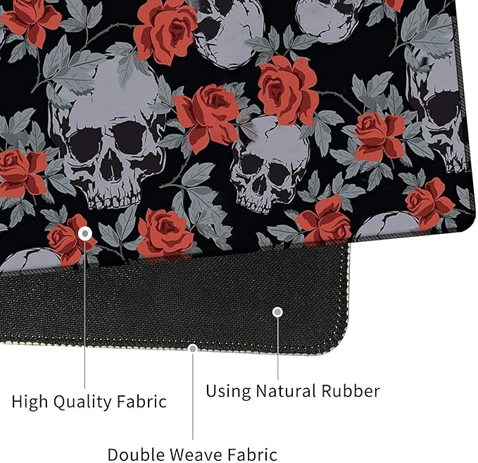 4 in 1 Mouse Pad Combo Large Gaming Mouse Pad + Keyboard Wrist Support + Mouse Wrist Rest + Coaster Table Pad with Stitched Edge Memory Foam Ergonomic Wrist Pad Set Human Skulls Vintage Roses