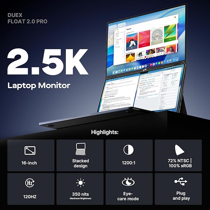 New Mobile Pixels Duex Float 2 Pro 2.5 K Portable Monitor 16 Laptop Screen Extender (Built-in Kickstand) USB C/HDMI Stacked Monitor Extender with Dual Speakers Windows MacOS Switch Android