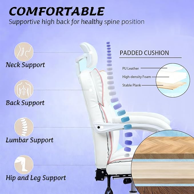 Gaming Chair with Footrest Modern Computer Gaming Chair High Back Ergonomic Reclining Swivel PU Leather Racing Seat for Adults Home Office White