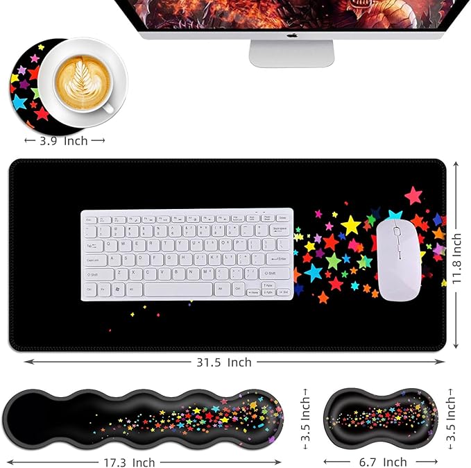 Mouse PadLarge Desk Mat Set 4in1 XL Mousepad + Keyboard Wrist Rest+Mouse Wrist Rest+Coaster with Ergonomic Desk Pad for Home Office Table Computer Cover -Rainbow Stars
