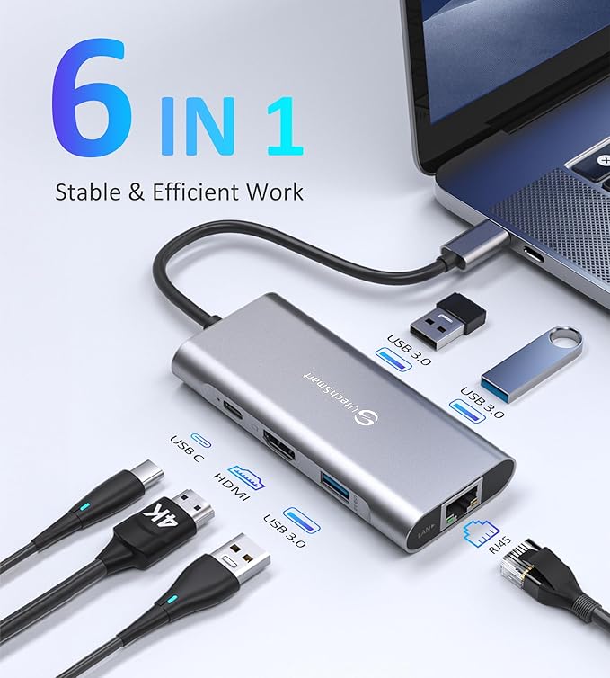UtechSmart USB C Hub USB C Ethernet Multiport Adapter 6 In 1 USB C to HDMI Dock Compatible for Macbook Pro/Air Chromebook Dell XPS HP and Type C Devices (Gigabit Ethernet 100W PD 4K HDMI USB 3.0)