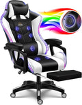 Gaming Chair with LED Lights and Speakers Music Video Chair for Adults with Massage and Footrest Ergonomic Chair with Headrest and Lumbar Support Maximum Load 150KG. (Black+White)