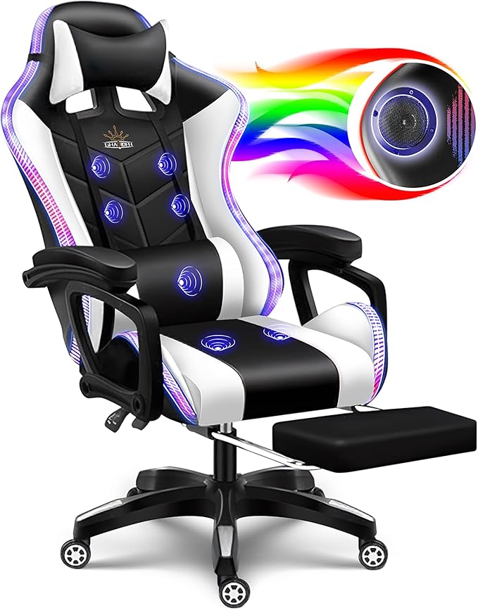 Gaming Chair with LED Lights and Speakers Music Video Chair for Adults with Massage and Footrest Ergonomic Chair with Headrest and Lumbar Support Maximum Load 150KG. (Black+White)