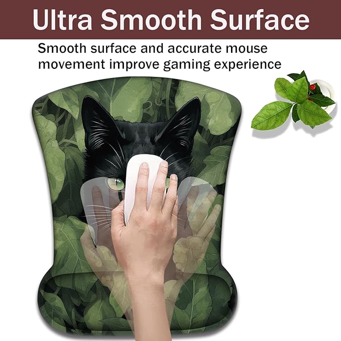 Keyboard Wrist Rest and Mouse Pad Wrist Support with Lace-Shaped Coaster Set Ergonomic Gel Memory Foam and Anti-Slip Base Easy Typing and Pain Relief - Black Cat