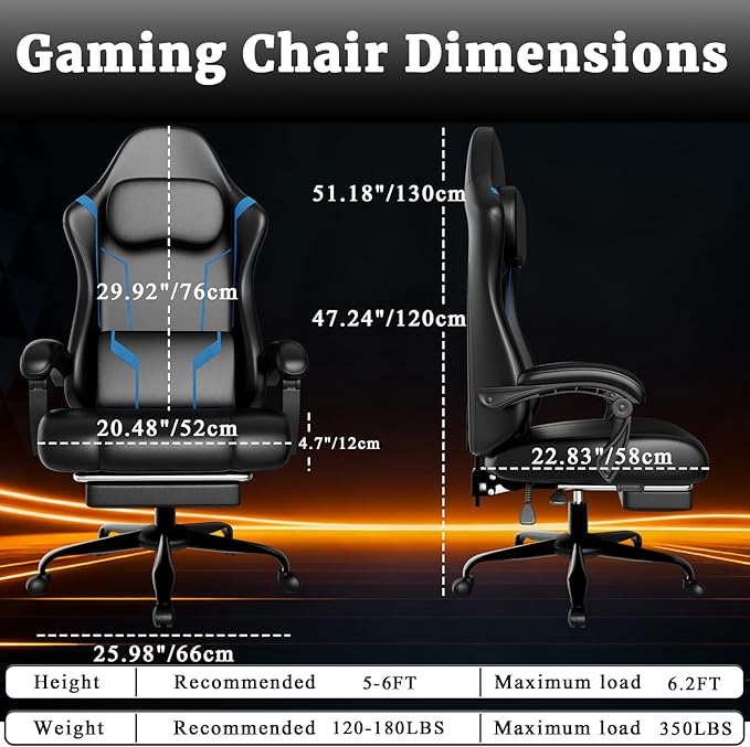 Ergonomic Gaming Chair Video Game Chair with Pocket Spring Cushion and Footrest Height Adjustable Computer Chair with Swivel Seat and Headrest (Faux Leather Blue)