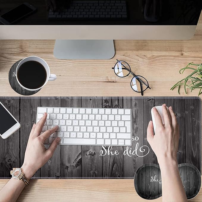 Large Game Mouse Pad + Wrist Support Pad + Coffee Coaster She Believed She CouldSo She Did Foldable Table Mat with Stitched Edge Non-Slip Set Pad Suitable for Office Work and Home