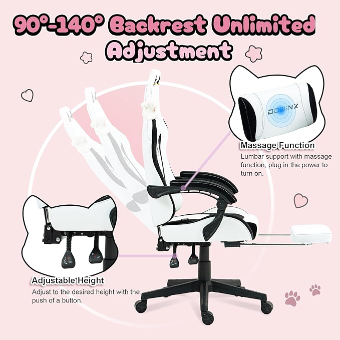 Dowinx Gaming Chair Cute with Plush Doggy and Massage Lumbar Support Ergonomic Computer Chair for Girl with Footrest and Headrest Comfortable Game Chair 290lbs for Adult Teen Black and White