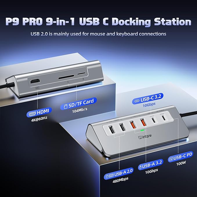 P9 PRO USB C Hub 10Gbps 9-in-1 USB C Docking Station with 4K@60Hz HDMI Type-C &amp 2 Type-A 3.2 2 USB-A 2.0 PD 100W SD/TF PortAluminum USB Hub for Laptop iPhone 17 Series MacBook Air/Pro