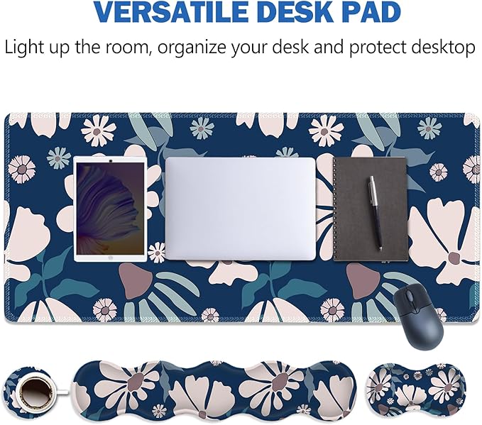 ARTSO Keyboard Mouse Pad Set Blue Flower Large Gaming Mousepad +Keyboard Wrist Rest +Mouse Wrist Rest +Coaster Ergonomic Mousepad Memory Foam Cushion for Home Office