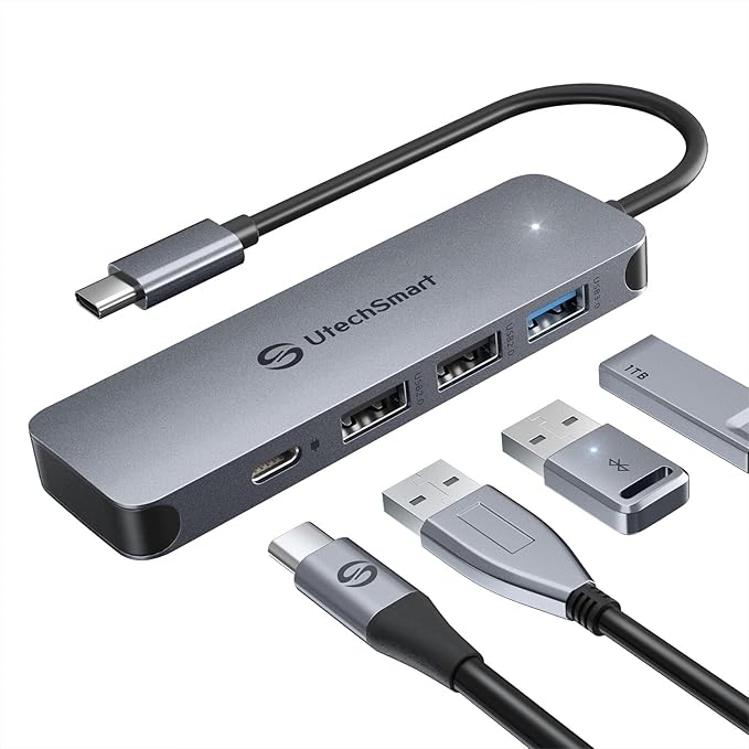 UtechSmart USB Hub 4-Port USB 3.0 Hub Ultra-Slim USB Adapter for Laptop 5Gbps Fast Data Transfer USB 3.0 Splitter for Dell HP MacBook (Grey)