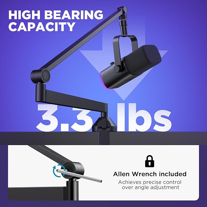 InnoGear Low Profile Mic Arm 360° Rotatable Microphone Arm Stand Foldable Desk Mic Boom Arm with 3/8 to 5/8 Adapter for Fifine AM8 K669B Blue Yeti HyperX QuadCast SoloCast AT2020 and Other Mics