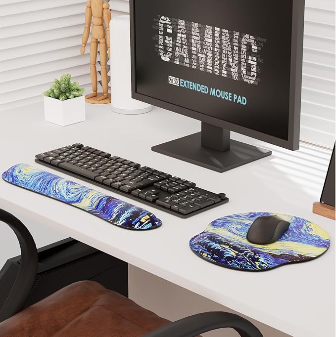 KTRIO Ergonomic Keyboard Wrist Rest Memory Foam Mouse Pad with Wrist Rest for Computer Keyboard Mouse Pad Set for Easy Typing &amp Pain Relief for Office &amp Home Starry Night