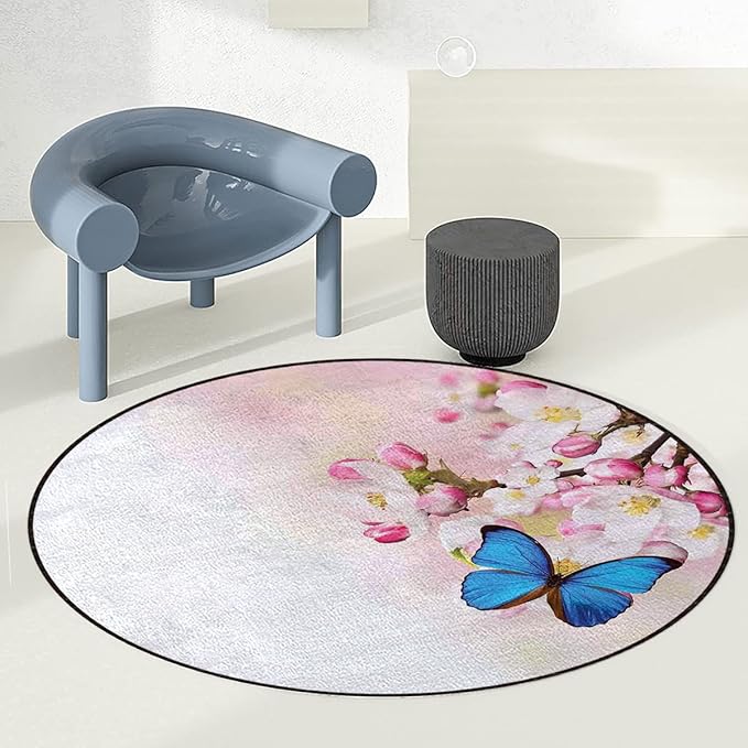 Blue Pastel Pink Gaming Chair Mat Round Floor Mats Blue Butterfly on Spring Cherry Blossoms Office Chair Computer Gaming Desk Mat for Rolling Chair Non-Slip Gaming Rug Modern Diameter 60 in