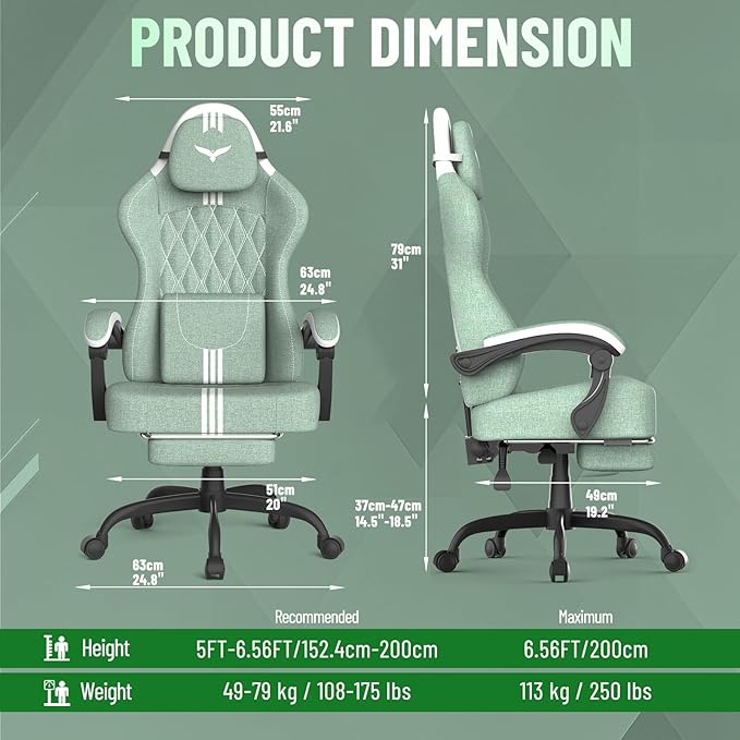 Ferghana Cotton Fabric Gaming Chair with Wider Seat Cushion Diamond Double-Stitching Ergonomic High Back Game Chair with Footrest Computer Chair with Massage Lumbar Support for Adult Green/White