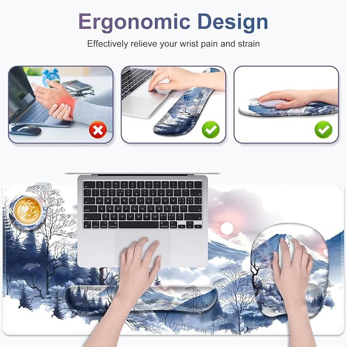 4 in 1 Large Mouse Pad Keyboard Wrist Rest Set Ergonomic Mouse Pad with Wrist Support Desk Mat with Stitched Edges Extended Desk Pad Waterproof Desk Mat for Home Office Game I Snowy Mountain Sun