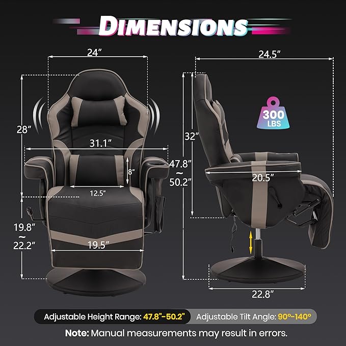 Game Reclining Chair with Adjustable Height PU Gaming Chair with Massage Long Footrest and Lumbar Support High Back Swivel Computer Game Chair for Adult (Gray)