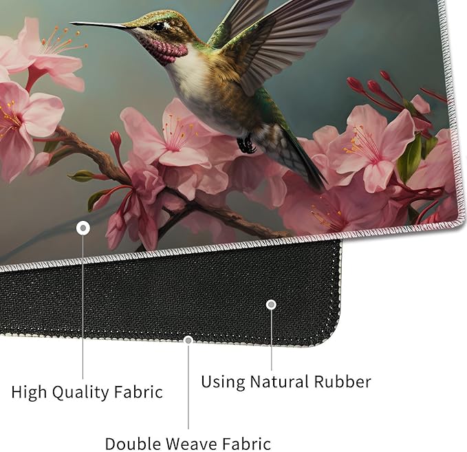 4 in 1 Mouse Pad Combo Large Gaming Mouse Pad + Keyboard Wrist Support + Mouse Wrist Rest + Coaster Table Pad 31.5 x 11.8 with Memory Foam Ergonomic Wrist Pad Set Hummingbird Flowers