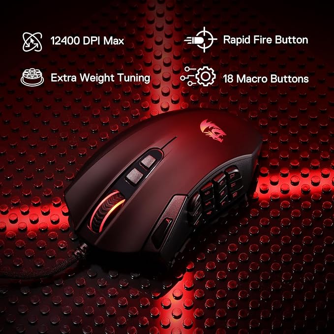 Redragon M921 MMO Gaming Mouse 12400 DPI High Precision Wired RGB Mice w/18 Programmable Buttons 12 Side Macro Keys Software Supports for PC Laptop