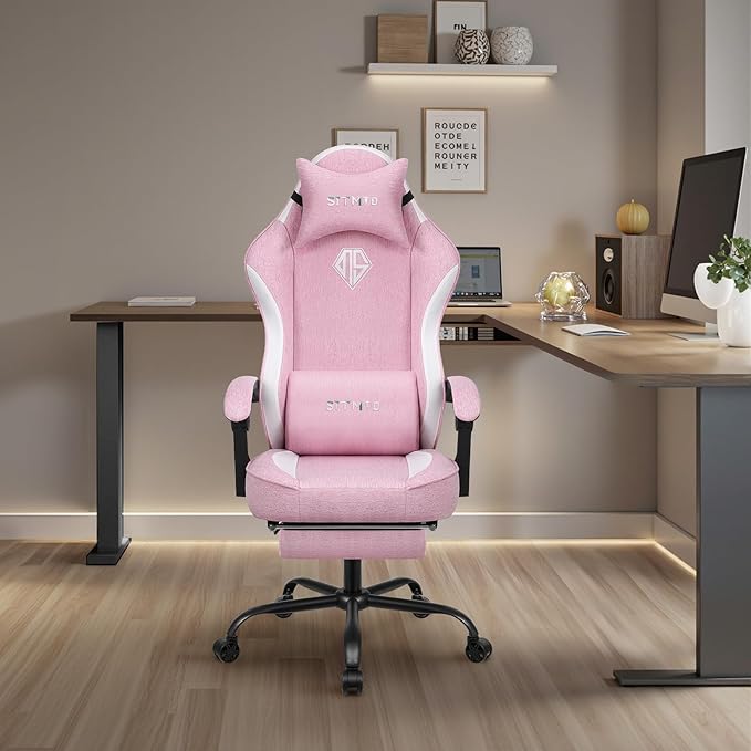 Gaming Chair Fabric with Pocket Spring CushionErgonomic Computer Office Chair Cloth with Footrest and HeadrestHigh Back Game Chair with Lumbar SupportAdjustable Backrest for AdultsPink