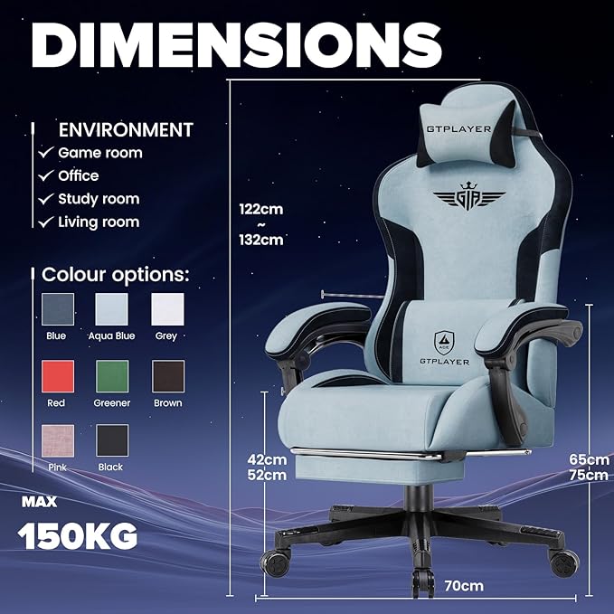 GTPLAYER Gaming Chair Computer Office Chair Lumbar Support Linkage Armrests and Footrest Ergonomic Game Chair for Adults with Extended Backrest Velvet Fabric Light Blue