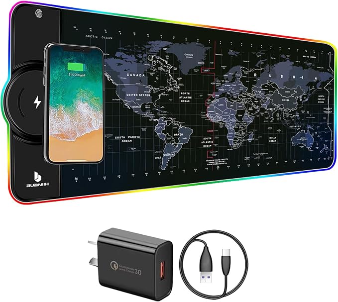 Mouse PadWireless Mouse Pad Charging15W Fast ChargingExtened Large Size10 Lighting Modes for OfficeMobile Phone Devices31.5X11.8World Map