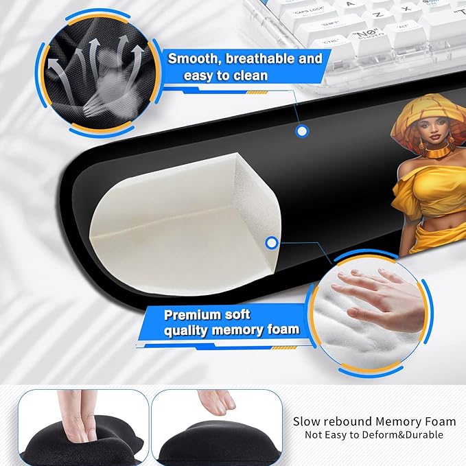 Large Gaming Mouse Pad+ Keyboard Wrist Rest Set Ergonomics Memory Foam Mouse Mat Wrist Rest Suppor Waterproof Extended Mousepad 31.5x11.8in African American Women Black Girl Desk Pad