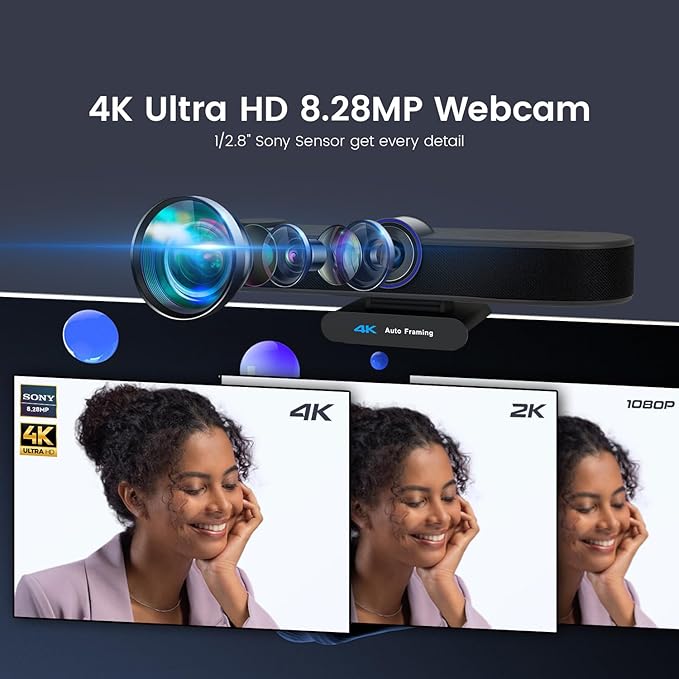 TONGVEO 3-in-1 4K Webcam with Microphones and Speaker AI Auto-Tracking 5X Digital Zoom Webcam 4K Adjustable Field of View Remote Control Works with Microsoft Teams Zoom Google Meet PC Mac Laptop