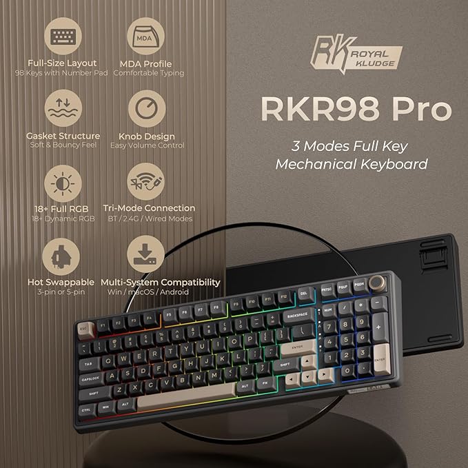RK ROYAL KLUDGE R98 Pro Wireless Mechanical Keyboard Creamy Bluetooth/2.4GHz/Wired RGB Gaming Keyboard with Number Pad and Knob MDA Profile PBT Keycaps Gasket Hot Swappable Linear Switch Black