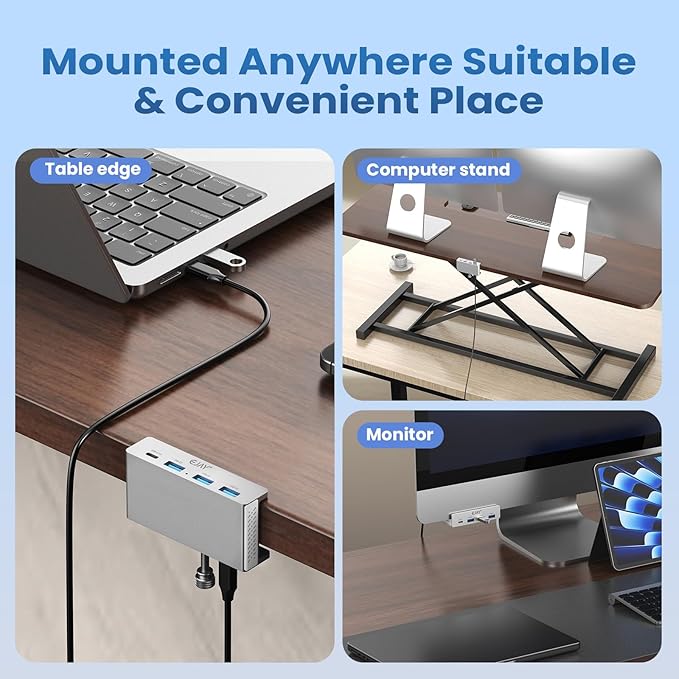 EJAY Mountable 4Ports USB3.0 HUB Alu Desktop Clamp Type C USB3.0 Splitter for Desk/Monitors with Extra Power Supply Port59inches Data &amp 39inches Power Cables-5Gbps (BJ-3A1C-SV)