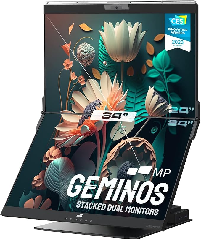 Mobile Pixels Geminos Dual 24 Stacked Computer Monitors with 100W USB-C Charging 1080P Webcam&ampSpeakers All-Inclusive Vertical Desktop Monitor HDMI/USB-A/USB-C2 Monitors