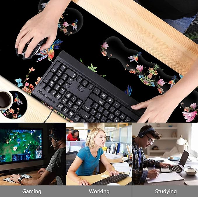 Extended Black Gaming Mouse Pad Ergonomic Memory Foam Keyboard Wrist Rest Support &amp Non-Slip Mouse Wrist Rest for Laptop Desk Writing Pad Hummingbird Watercolor Flower Office Desk MatLarge Mouse