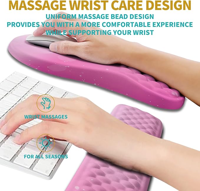 Hokafenle 2 in 1 Ergonomic Mouse Pad Wrist Support &amp Wrist Rest for Computer Keyboard Set with Relieve Carpal Tunnel Pain Massage Bulge and Full Memory Gel Design (2In1 Set Sweet Pink)