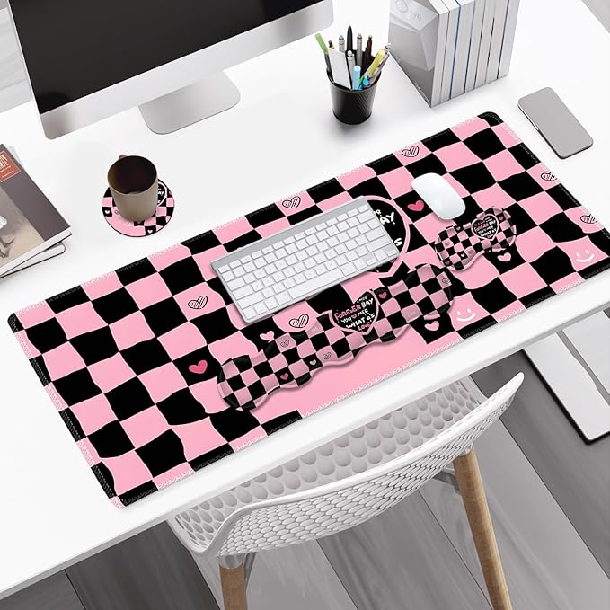 Desk Mat Gaming Mouse Pad Cute Desk Matt Keyboard Wrist Rest for Desktop Anti-Slip Big Mousepad Stitched Edges XXL Large Mouse Pad with Wrist Support for Home Office I Pink Black True Love