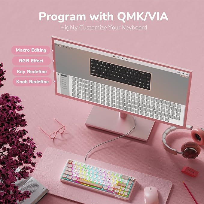 RK ROYAL KLUDGE R65 Wired Mechanical Keyboard with Volume Knob 60% Percent RGB Backlit Gasket Mount Gaming Keyboard with PBT Keycaps MDA Profile QMK/VIA 66 Keys Hot Swappable Cream Switch Pink