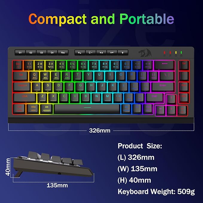 Redragon Portable Wireless Gaming Keyboard Bluetooth/2.4GHz/USB-C Wired RGB Backlit 60% Mini Quiet Macro Membrane Keyboard Rechargeable 4000mAh Battery Anti-Ghosting for Win/MAC