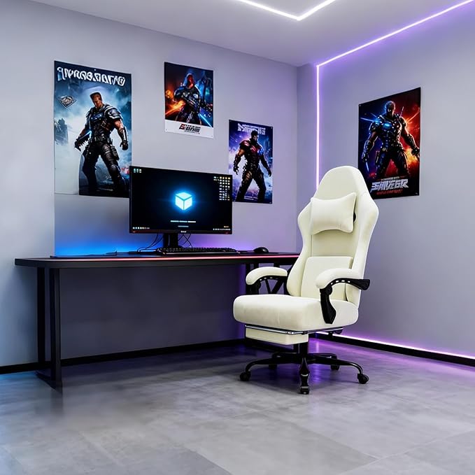 Ergonomic Gaming Chair Video Game Chair with Massage Lumbar Support and Footrest Height Adjustable Fabric Computer Chair with Pocket Spring Cushion (White)