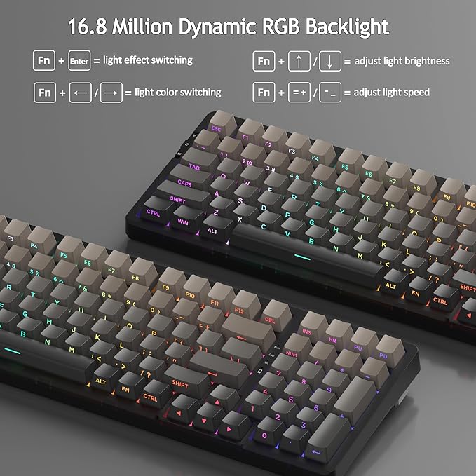 MageGee LIGHT100 Wireless Creamy Keyboard Gasket Structure Hot Swappable 2.4G/USB-C/BT5.0 RGB Backlit Mechanical Gaming Keyboard for Win/Mac/PC 8000mAh Battery Side Printed PBT Keycap Black