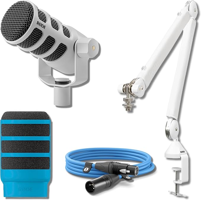 Rode PodMic USB Dynamic Broadcast Microphone (White) with Rode PSA1+ Professional Studio Boom Arm (White) Rode Premium XLR Cable and Pop Filter (10' Blue)