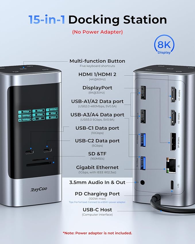 RayCue 15 in 1 Laptop Docking Station 3 Monitors Triple 8K Display with 3 HDMI 6 USB Ports 5 Shortcut Button Gigabit Ethernet PD3.0 Smart Display for Windows/Dell/Lenovo/HP...(No Power Adapter)