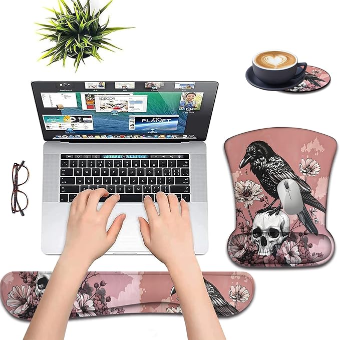 Keyboard Wrist Support + Wrist Mousepad + Coaster Combination Non-Slip PU Base with Gel Memory Mousepad Suitable for Gaming Office Pain Relief Mousepad Set - Crow Skull