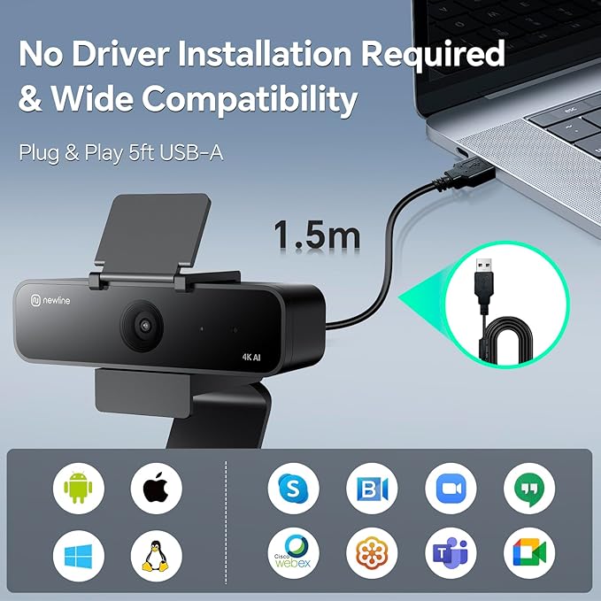 N newline 4K Webcam for PC USB Webcam with Microphone w/ 3 AI Modes Gesture Control Auto Focus 95° Wide Angle &amp Zoom for Video Call Meeting Gaming